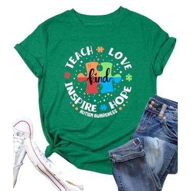 Imagem de Camisetas femininas Autism Awareness Teacher Be Kind Teach Hope Love Inspire Graphic Tops, Verde, GG