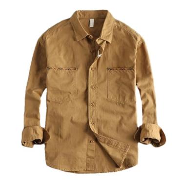 Imagem de Camisa de algodão vintage masculina primavera e outono tendência manga longa camisa masculina casual verão, Caqui, GG