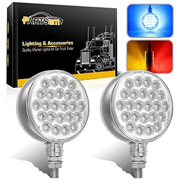 Imagem de Partsam 2 peças de luzes de sinalização de seta de LED redondas de dupla face e luzes auxiliares azuis, luzes de pedestal de LED, suporte de poste 48 LEDs para caminhão, reboque, espelho, braço, folga