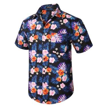 Imagem de Camisas havaianas masculinas manga curta casual floral botão camisa tropical verão férias praia Aloha Hawaii camisa, Folha floal rosa, G