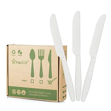 Imagem de HERLLY Faca compostável, 100 talheres biodegradáveis para festas, grandes utensílios descartáveis ecológicos, duráveis e resistentes ao calor, alternativa à faca de plástico
