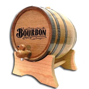 Imagem de Barril de envelhecimento American Oak Bourbon de 1 galão (5 litros) com suporte de madeira, bourbon e torneira - coquetéis de idade, uísque, rum, tequila, cerveja e vinho - Barris de bourbon gravados