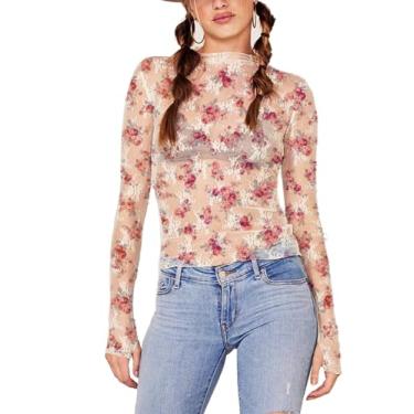 Imagem de CYCLAMEN Blusa feminina com estampa de malha, manga comprida, gola redonda, bordado floral, renda transparente, Floral, 3, M