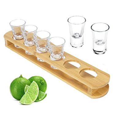 Imagem de D&Z Copos de Shot de 28 g com Suporte, Conjunto de 6 Copos de Shot em Bandeja de Madeira de Bambu, para Uísque/Vodka/Tequila/Coquetel/Soju, Bandeja de Servir Shot, Boa
