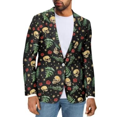Imagem de Sprowallow Blazer masculino casual slim fit um botão elegante casaco esportivo lapela entalhada terno de negócios blazers jaqueta outono, Caveira rosa, 4X-Large