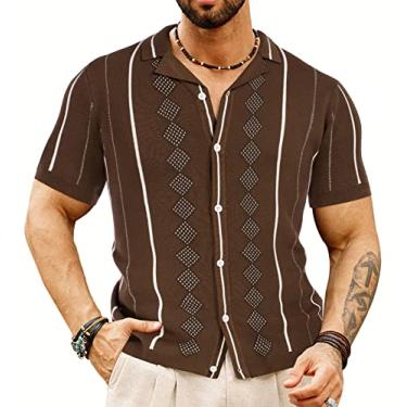 Imagem de GRACE KARIN Camisa polo masculina listrada cubana vintage de malha de manga curta com botão, Café, X-Large