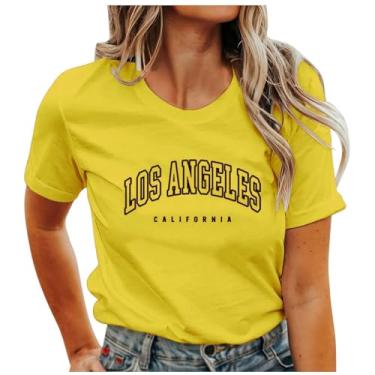 Imagem de Camiseta feminina de verão com gola redonda e estampa de letras, manga curta, caimento solto, camiseta casual para treino, Amarelo, XXG