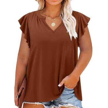 Imagem de YAV Camisetas femininas básicas de verão com gola em V, manga curta e sem mangas, camisetas femininas folgadas, 2 caramelo, M