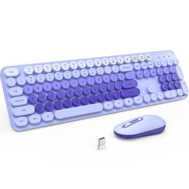 Imagem de Teclado e mouse sem fio, combo de teclado silencioso, teclado de máquina de escrever colorido de tamanho completo com teclas redondas, mouse fofo de 2,4 G compatível com PC/laptop/computador (Roxo)