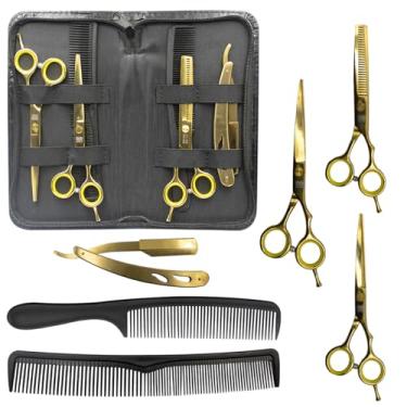 Imagem de Kit Barbeiro Cabeleireiro Barba Cabelo Profissional com Navalhete Tesouras (Dourado)