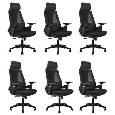 Imagem de Kit 6 Cadeiras Office Diretor Toledo com Apoia Cabeça e Braços 3d Nr17 Preto