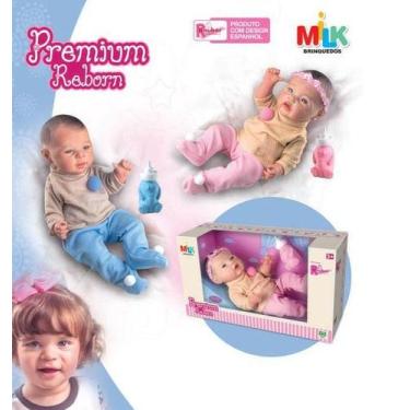 Imagem de Kit 2 Bebês Reborn Gêmeos Azul e Rosa Com Mamadeira e Pijama - Milk Br