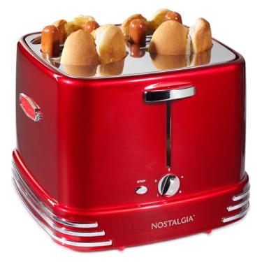 Imagem de Nostalgia RHDT800RETRORED Pop-Up 4 Hot Dog and Bun Toaster With Mini Tongs, Works With Chicken, Turkey, Veggie Sausages and Brats, Retro Red