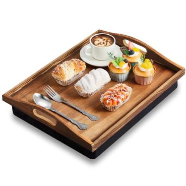Imagem de Tioncy 1 bandeja de colo de bambu com almofada removível 42 x 33 cm, mesa com alças para adultos comendo na poltrona reclinável, presente de inauguração de casa (cor queimada)