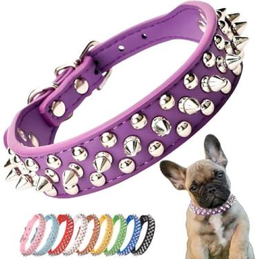 Imagem de Pimaodog Coleira de cachorro cravejada com pontas, coleira ajustável de couro macio para cães pequenos e médios buldogue pitbull mastim poodle boxer (M, roxa)