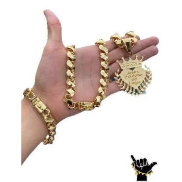 Imagem de Corrente Friso S 12mm + Pulseira + Pingente - Banhado a Ouro - ToJoia1