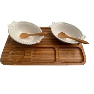 Imagem de Petisqueira de bambu 4 espaços e 2 cumbucas ceramica Oval E - Utensili