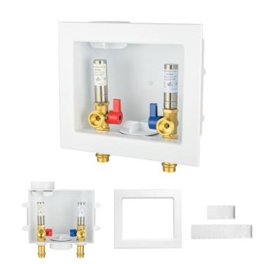 Imagem de 1 PACOTE Caixa de tomada de máquina de lavar GUOFIS com prendedor de martelo de aço inoxidável, caixa de lavadora de roupas PEX com design de dreno central e lateral (entrada de conexão de prensa de