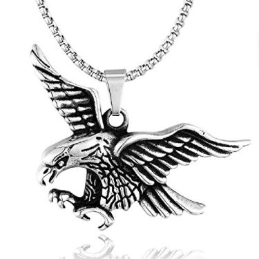 Imagem de Colar masculino com pingente de águia careca voadora, colar de águia hip hop com corrente de 60 cm, pingente vintage de águia falcão, corrente de liga metálica prateada, colar de animal viking, Metal