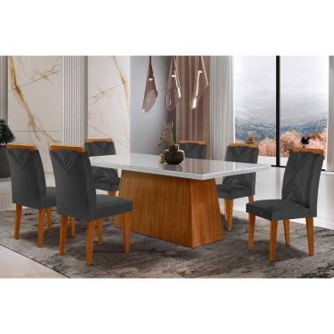 Imagem de Conjunto: Mesa de Cozinha Luna Tampo Madeirado c/ Vidro Reto 180x90 e 6 Cadeiras Amsterdã Capuccino/Suede Grafite - Rufato