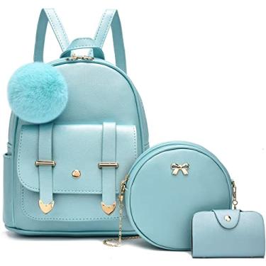 Imagem de I IHAYNER Mini mochila para meninas adolescentes, 3 peças, mochila moderna de viagem, mochila feminina pompom, bolsa de ombro, Azul pérola
