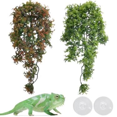 Imagem de kathson Plantas de répteis falsas, 2 peças de plantas suspensas de terrário com ventosa, folhas artificiais de plástico, decoração de habitat anfíbio para dragão barbudo caranguejo eremita lagarto