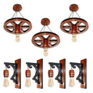 Imagem de Kit Luminária Roda De Carroça E Arandelas Colonial Madeira - Delenha D