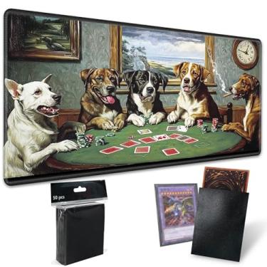 Imagem de Playmats for Magic: The Gathering MTG Card Game Mat Plus 50 Pcs Card Sleeves, 24 x 14 inch TCG Mat with Stitched Edge for Commander Deck Duskmourn Board Game, Dogs Play Poker