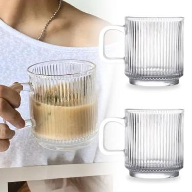 Imagem de kit 2 canecas de café vidro canelado premium alça, xícaras graffiato café clássicas 350 ml xícara frizado chá transparente bebidas quentes frias conjunto de copos americano cappuccino ripado friso