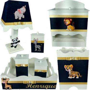 Imagem de Kit Higiene bebê Mdf decorado 7 pçs - SAFARI AZUL MARINHO - Flores par