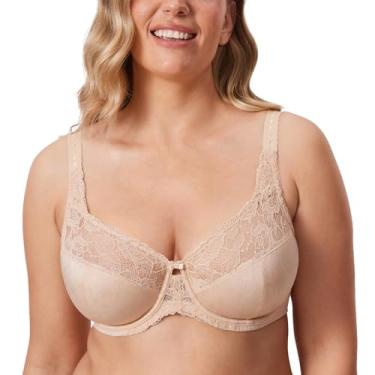 Imagem de DELIMIRA Sutiã de renda feminino tamanho plus size com cobertura total com aro sem linha e minimizador de renda Bege 40G