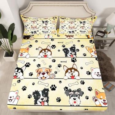 Imagem de Jogo de lençol com elástico adorável com estampa de pata, animais de estimação e animais de estimação, ultramacio, presente de cachorro kawaii, com 2 fronhas, tamanho Queen