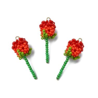 Imagem de DanLingJewelry 10 pingentes de rosas vermelhas feitos à mão com sementes de vidro com contas florais ornamentos de flores de rosas para pendurar joias DIY, Metal não precioso, Sem Pedra Preciosa