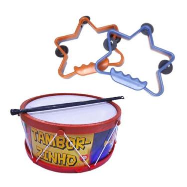 Imagem de Kit Pandeiro Estrela e Tambor Maluco Infantil Colorido Musical - AMAR 
