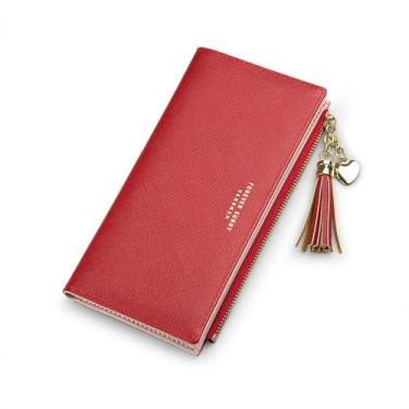 Imagem de Carteira feminina bonita, elegante, longa, fina, porta-cartões, minimalista, porta-moedas, borlas finas, com zíper, carteiras de embreagem para meninas e mulheres, Vermelho, L, Minimalista