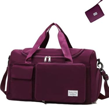 Imagem de Bolsa de viagem, bolsa de viagem para o fim de semana, bolsa feminina de transporte para aviões, bolsa esportiva de academia com manga de carrinho, C - vinho, Bolsa de viagem (com alça de ombro)