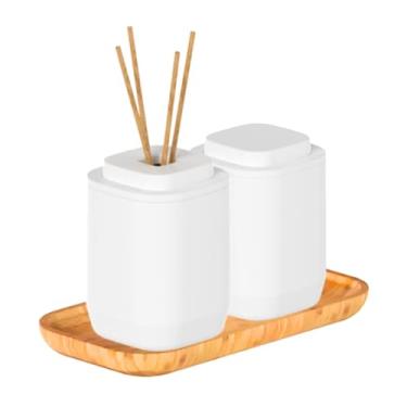 Imagem de Kit Banheiro 3pçs Lavabo Porta Algodão Cotonete Difusor Aromatizante E Bandeja De Bambu Aura Ou (Branco)