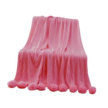 Imagem de ＫＬＫＣＭＳ Clanta de malha coberta cobertor aconchegante leve com um cobertor decorativo de presente de bola de borla 100cmx105cm para adultos de sofá da sala de, Rosa Escuro