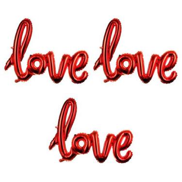 Imagem de Kit 3 Balões Vermelhos Metalizado Com Frase Love 101x67cm - Ponto das 