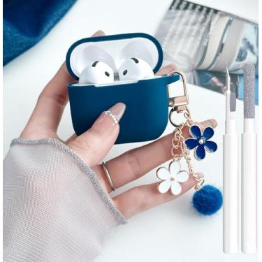 Imagem de Linda capa azul para Airpods 4 para meninas e mulheres com chaveiro e kit de limpeza, capa protetora de silicone macio para Airpods iPod 4ª geração para Airpod 4 2024