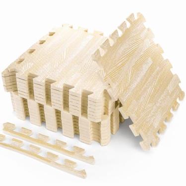 Imagem de Tebery 16 peças de azulejos de piso com textura de madeira impressa, 9,5 mm de espessura, espuma EVA (madeira branca)