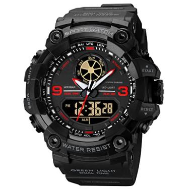 Imagem de Relógio Militar Masculino Analógico Digital Cronômetro Eletrônico Grande Mostrador Duplo Time Display 12H/24H Relógio de Pulso Exército para Homens, Vermelho