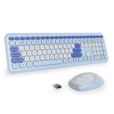 Imagem de surmen Teclado azul e mouse sem fio, lindo teclado de máquina de escrever sem fio, teclado silencioso fino de tamanho completo, teclas redondas, teclado estético para casa e escritório (azul colorido)