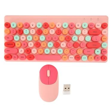 Imagem de Combinação de Teclado e Mouse Sem Fio, Teclado Sem Fio de Máquina de Escrever retrô de 2,4 GHz Com Teclas Redondas Coloridas, Teclado de 86 Teclas, Com Mouse Bonito USB de (PINK)