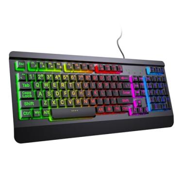 Imagem de Acebaff Teclado para jogos com estampa grande arco-íris retroiluminado, teclado de computador com luz USB com fio com teclas de letras grandes, 12 teclas multimídia, descanso de pulso, painel todo em