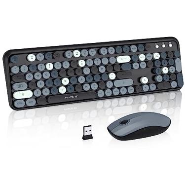 Imagem de Teclado e mouse sem fio, lindo combo de teclado retrô sem fio com tecla redonda, conexão sem quedas de 2,4 GHz, conjunto de mouse sem fio de máquina de escrever para PC, laptop, desktop, computador,