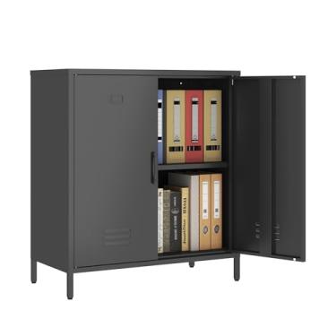 Imagem de Steehoom Armário de armazenamento de metal com 2 portas, armário de aço, buffet, mesa de console para escritório em casa (preto, H90 cm)