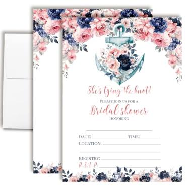 Imagem de Convites de chá de panela náutico com âncora floral - 20 5x7 cartões de preenchimento com envelopes - She's Tying the Knot Convites de chá de casamento por AmandaCreation