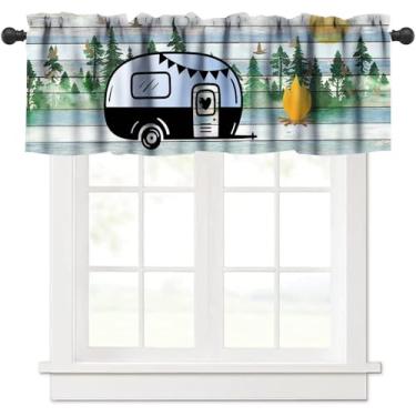Imagem de Cortina de sanefa para trailer, rústica vintage, montanhas de madeira, floresta, viagem, trailer, Happy Camper, bolso para varão, sanefa, janela, para casa de fazenda, cozinha, quarto, sala de estar
