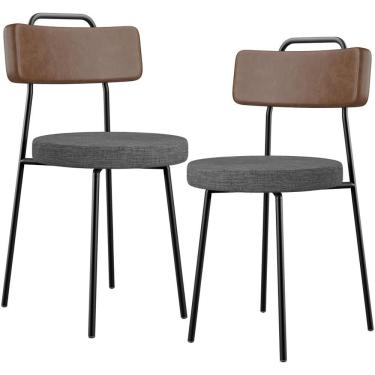 Imagem de Kit 02 Cadeiras Estofada Para Sala Jantar Barcelona L02 Couríssimo Marrom Linho Cinza Escuro